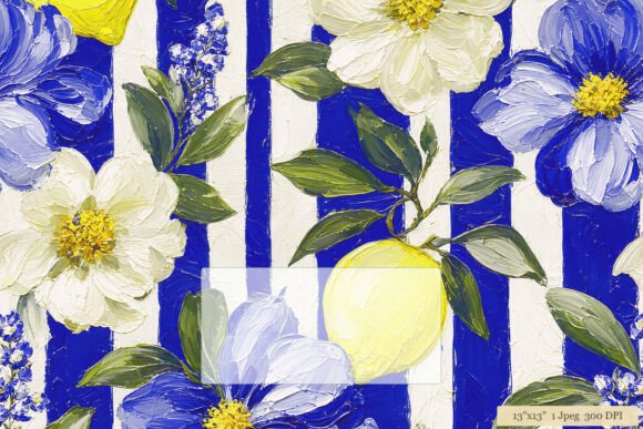 Download Blue Stripe Lemon Floral Oil Pattern Art - Floral Collection