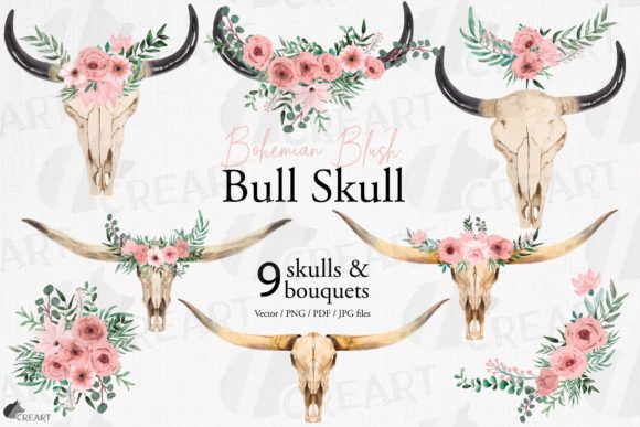 Download Blush Floral Bull Skull Graphic Template - Floral Collection